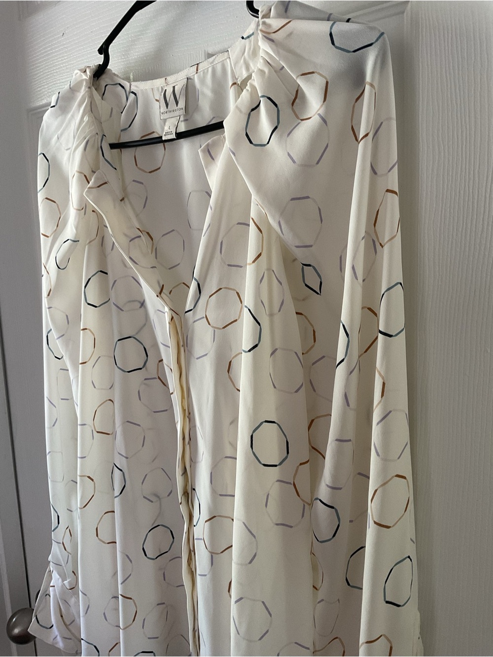 Worthington White Geometric Print Blouse Size L Long Sleeve Career Top - Picture 6 of 7